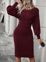 Rochie Midi Tricotata Asprella Grena Cu Perle Si Maneci Bufante - imagine 5