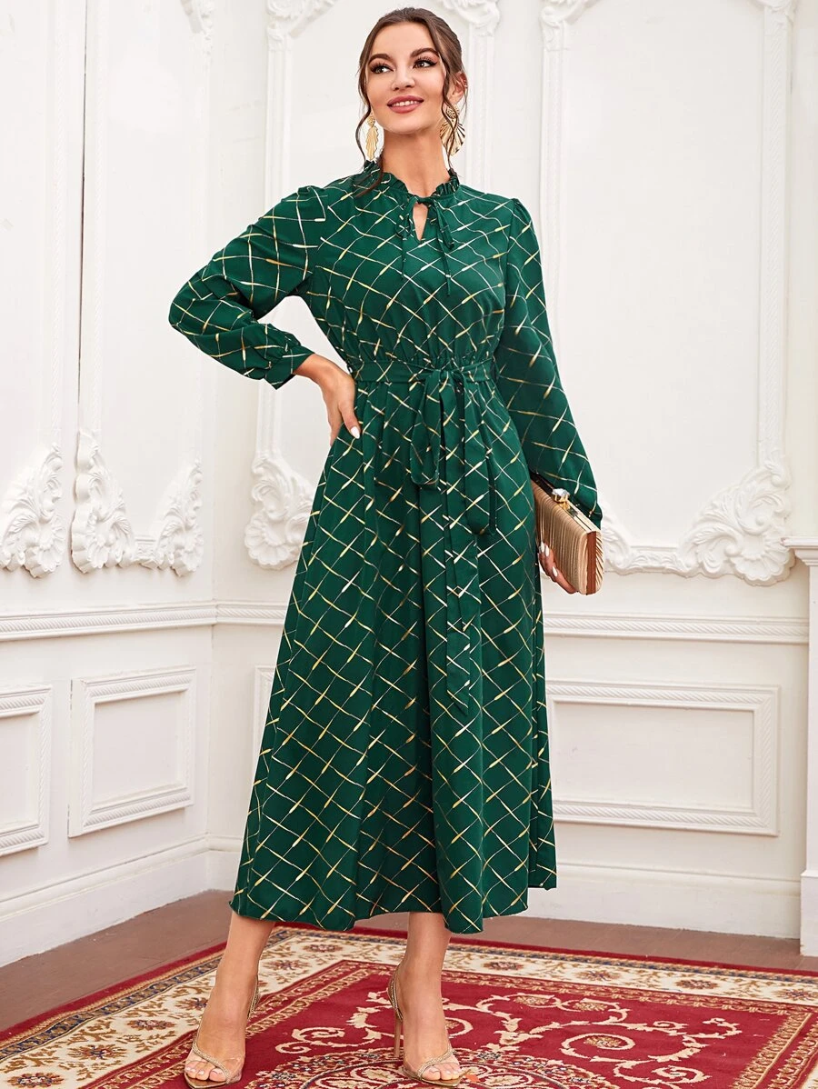 58 Rochie Lunga Ambile Verde Cu Imprimeu Geometric Auriu - imagine 1