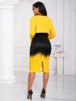 Compleu Naraya Format Din Rochie Midi Si Jacheta Galbena Cu Imprimeu Negru - imagine 2