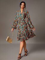 Rochie Midi Bruna Verde Cu Model Floral Multicolor - imagine 3