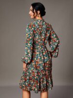 Rochie Midi Bruna Verde Cu Model Floral Multicolor - imagine 2