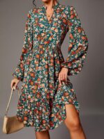 Rochie Midi Bruna Verde Cu Model Floral Multicolor - imagine 4