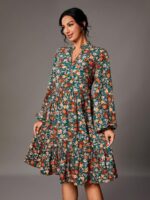 Rochie Midi Bruna Verde Cu Model Floral Multicolor
