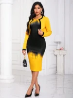 Compleu Naraya Format Din Rochie Midi Si Jacheta Galbena Cu Imprimeu Negru - imagine 3