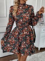 Rochie Scurta Ronja Verde Inchis Cu Model Floral Si Maneci Bufante - imagine 4