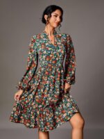 Rochie Midi Bruna Verde Cu Model Floral Multicolor - imagine 5