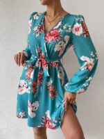 Rochie Scurta Cinzia Bleu Cu Model Floral Si Cordon