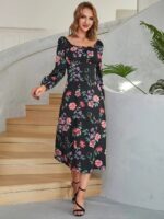 Rochie Midi Ghada Neagra Cu Model Floral Multicolor - imagine 3