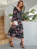 Rochie Midi Ghada Neagra Cu Model Floral Multicolor