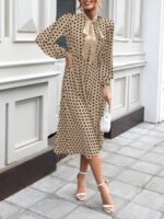 Rochie Midi Teodory Crem Cu Buline Negre Si Maneci Bufante