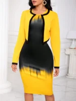 Compleu Naraya Format Din Rochie Midi Si Jacheta Galbena Cu Imprimeu Negru - imagine 4