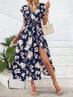 Rochie Lunga Stella Bleumarin Cu Model Floral Alb