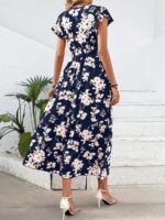 Rochie Lunga Stella Bleumarin Cu Model Floral Alb - imagine 2