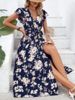 Rochie Lunga Stella Bleumarin Cu Model Floral Alb - imagine 3