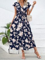 Rochie Lunga Stella Bleumarin Cu Model Floral Alb - imagine 4
