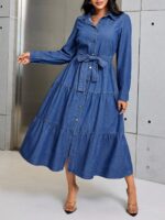 Rochie Lunga Medein Din Denim cu Cordon - imagine 4