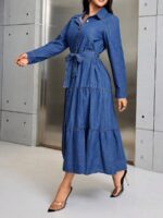 Rochie Lunga Medein Din Denim cu Cordon - imagine 3
