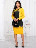 Compleu Naraya Format Din Rochie Midi Si Jacheta Galbena Cu Imprimeu Negru