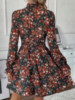Rochie Scurta Ronja Verde Inchis Cu Model Floral Si Maneci Bufante - imagine 2