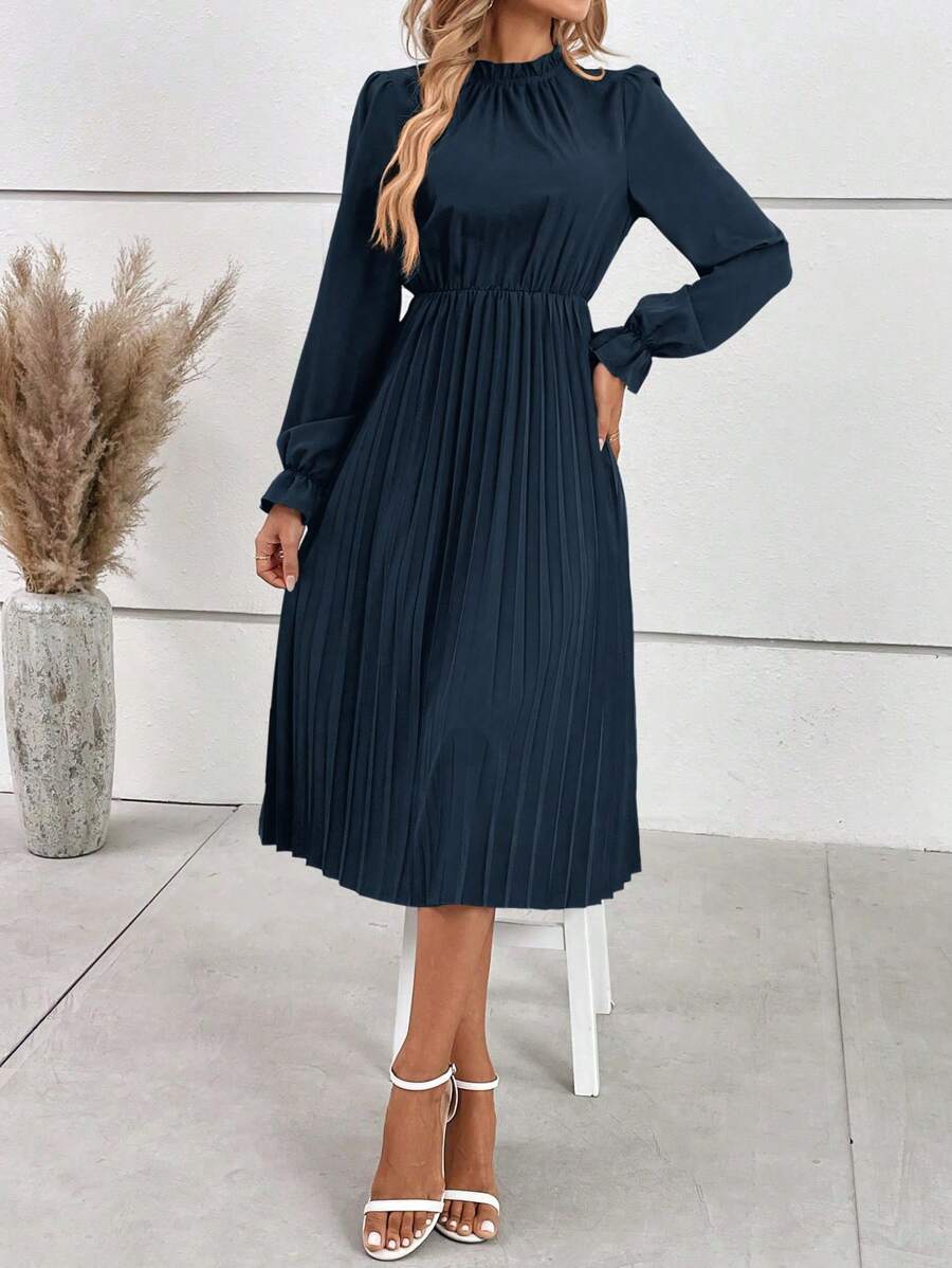 90-8 Rochie Midi Brieta Bleumarin Cu Pliuri - imagine 1