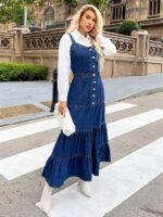 Rochie Lunga Fleur Din Denim Cu Bretele - imagine 3