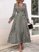 Rochie Lunga Magaza Gri Cu Imprimeu Geometric Negru