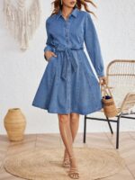 Rochie Midi Nolim Din Denim Cu Nasturi Si Cordon