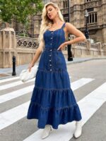 Rochie Lunga Fleur Din Denim Cu Bretele