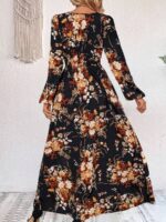 Rochie Lunga Neagra Sorinela Cu Model Floral Si Slit Pe Picior - imagine 2