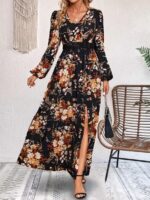 Rochie Lunga Neagra Sorinela Cu Model Floral Si Slit Pe Picior - imagine 3