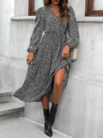 Rochie Midi Celesta Neagra Cu Imprimeu Alb Si Maneci Bufante - imagine 3
