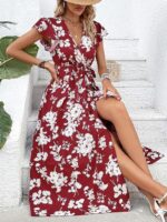 Rochie Lunga Eliza Rosie Cu Model Floral Alb Si Cordon - imagine 3