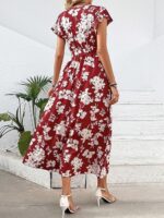 Rochie Lunga Eliza Rosie Cu Model Floral Alb Si Cordon - imagine 2