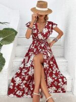 Rochie Lunga Eliza Rosie Cu Model Floral Alb Si Cordon - imagine 4