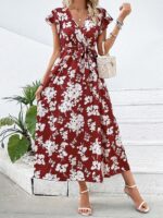 Rochie Lunga Eliza Rosie Cu Model Floral Alb Si Cordon - imagine 5