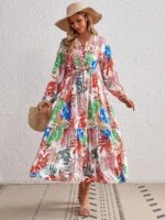 Rochie Lunga Chira Alba Cu Model Cu Frunze Multicolore