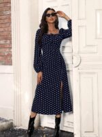Rochie Midi Galbar Bleumarin Cu Buline Albe