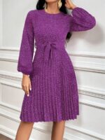 Rochie Midi Fanny Mov Cu Buline Albe Si Cordon