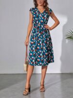 Rochie Scurta Bresia Albastra Cu Imprimeu Multicolor Si Cordon - imagine 3