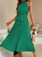 Rochie Lunga Hasana Verde Cu Pliuri