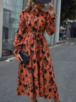Rochie Midi Loso Caramizie Cu Model Floral Negru