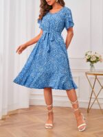 Rochie Midi Galilea Bleu Cu Model Floral Alb - imagine 3