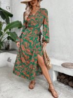 Rochie Lunga Serisa Verde Cu Model Floral Portocaliu