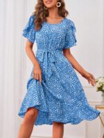 Rochie Midi Galilea Bleu Cu Model Floral Alb