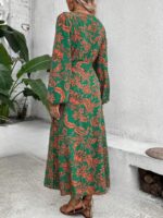 Rochie Lunga Serisa Verde Cu Model Floral Portocaliu - imagine 2