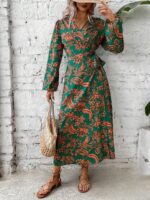 Rochie Lunga Serisa Verde Cu Model Floral Portocaliu - imagine 3