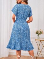 Rochie Midi Galilea Bleu Cu Model Floral Alb - imagine 2