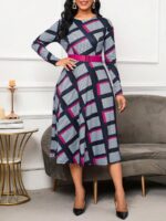 Rochie Midi Josefin Gri Cu Imprimeu Geometric Multicolor Si Curea
