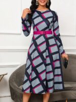 Rochie Midi Josefin Gri Cu Imprimeu Geometric Multicolor Si Curea - imagine 3