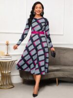 Rochie Midi Josefin Gri Cu Imprimeu Geometric Multicolor Si Curea - imagine 4